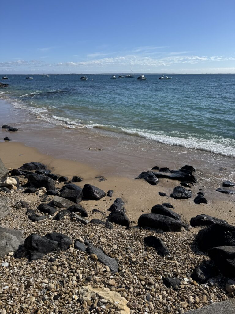Calm shoreline with gentle waves and small boats anchored offshore.