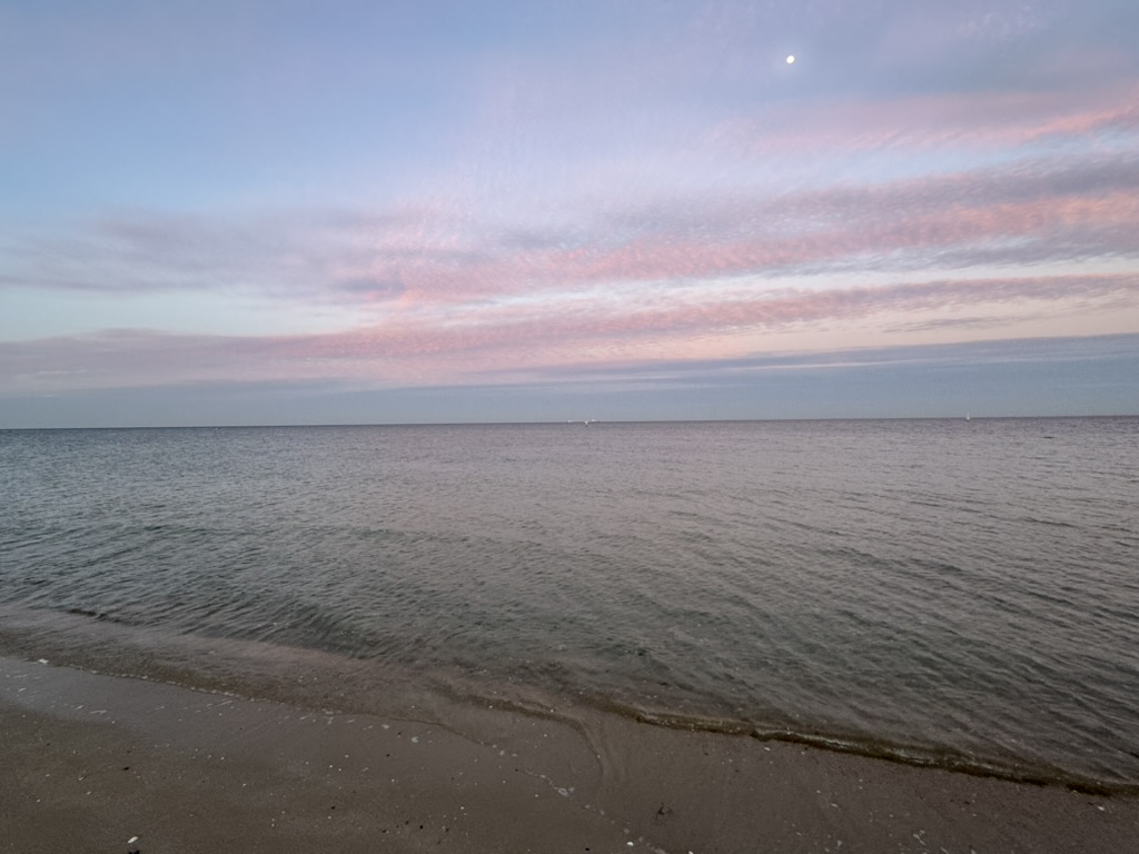 Alt text Calm ocean horizon at sunset with soft pink clouds, representing perspective and reflection