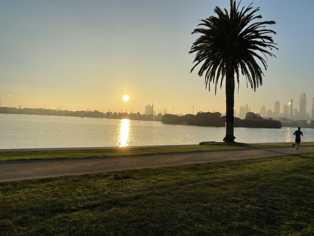 Lone runner in silhouette on the path at Albert Lake, Albert Park Melbourne, at sunrise, palm tree and city skyline in the background